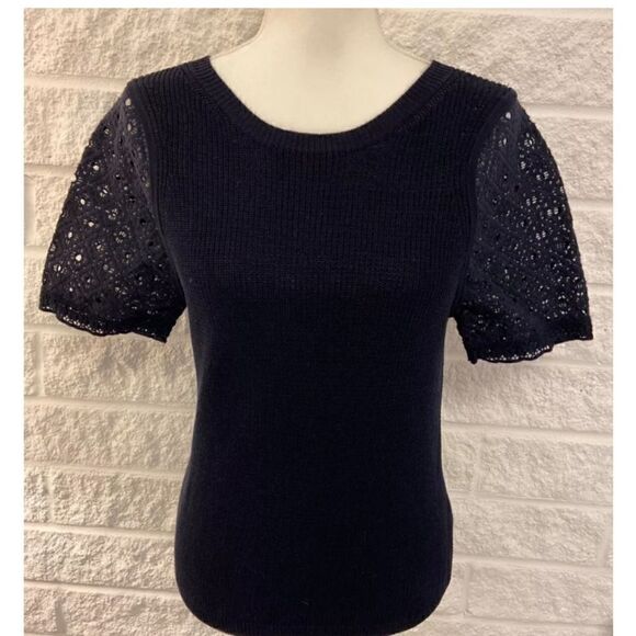 Banana Republic Eyelet Short Sleeved Ribbed Sweater Navy Sz  XSMALL Cotton - Picture 5 of 9